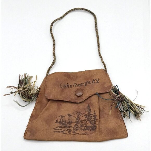 Antique Estate Cowhide Leather Lake George NY Souvenir Snap Purse Pouch